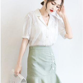 Elbow-sleeve Perforated Lace Buttoned Top