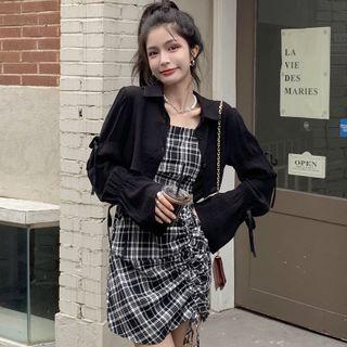 Spaghetti Strap Drawstring Plaid Mini Bodycon Dress / Long-sleeve Crop Shirt
