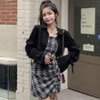 Spaghetti Strap Drawstring Plaid Mini Bodycon Dress / Long-sleeve Crop Shirt