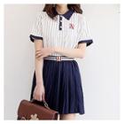 Set: Pinstripe Polo Shirt + Mini Pleat Skirt
