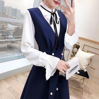 Set: Tie Neck Blouse + Sleeveless A-line Midi Dress