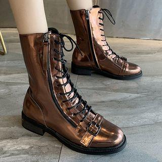 Patent Buckled Lace-up Short Boots