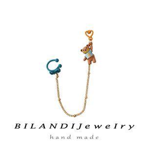 Bear Stud Earring With Ear Cuff S925silver Earrings & Clip On Earring - Brown & Blue - One Size