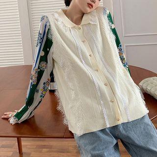 Mock Two-piece Lace Panel Printed Long-sleeve Blouse