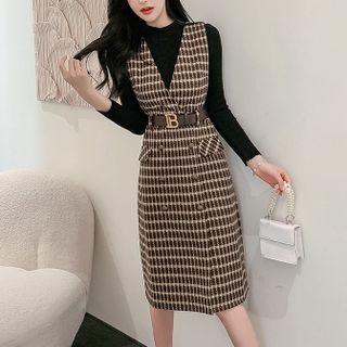 Set: Plaid Double-breasted Overall Dress + Plain Knit Top