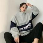 Mock Neck Zipped Color Block Lettering Pullover