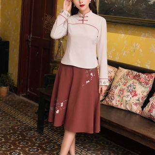 Set: Floral Embroidered Qipao Top + A-line Skirt