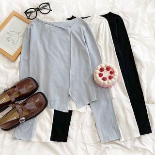 Long-sleeve Asymmetrical Plain Slit Top