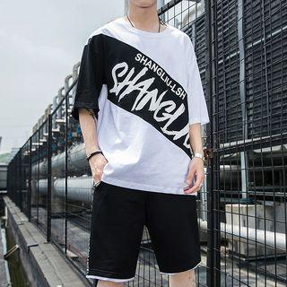 Set: Elbow-sleeve Lettering Color-panel T-shirt + Sweatshorts