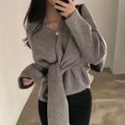 Long Sleeve V Neck Plain Lace-up Sweater
