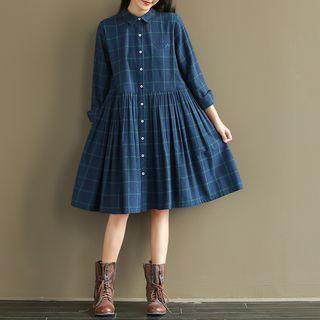 Window Pane Long Sleeve Shirtdress