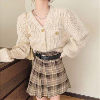 Long-sleeve Buttoned Knit Top / Plaid Mini Skirt / Belt