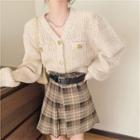 Long-sleeve Buttoned Knit Top / Plaid Mini Skirt / Belt