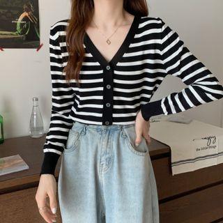 Long-sleeve V-neck Striped Loose Fit Knit Top