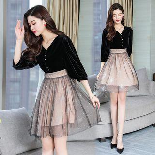 3/4-sleeve Sheer Panel Velvet A-line Mini Dress