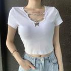 Short-sleeve Chained Butterfly Charm Crop Top