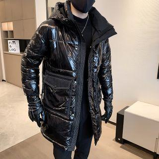Stand-collar Wet-look Padded Coat