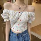 Embroidered Puff-sleeve Cropped Blouse White - One Size