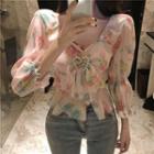 Floral Print Balloon-sleeve Chiffon Blouse As Shown In Figure - One Size