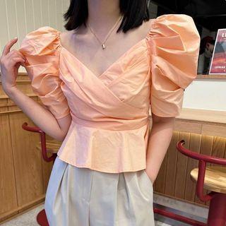 Puff-sleeve V-neck Plain Crop Top