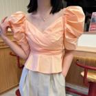 Puff-sleeve V-neck Plain Crop Top