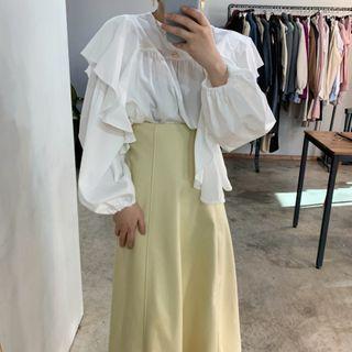 Long-sleeve Ruffle Blouse / Midi A-line Skirt