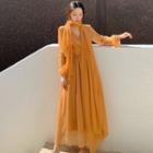 Set: Long-sleeve V-neck Midi A-line Dress / Shawl