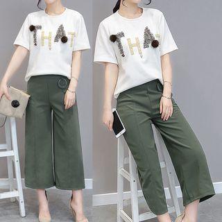 Set: Applique Short-sleeve T-shirt + Wide Leg Pants