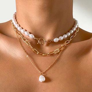 Faux Pearl Pendant Layered Choker Necklace 1 Pc - Faux Pearl Pendant Layered Choker Necklace - Gold - One Size