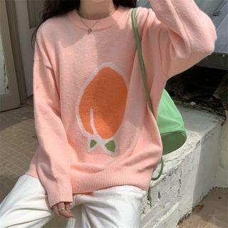Round-neck Peach Pattern Long-sleeve Sweater Pink - One Size