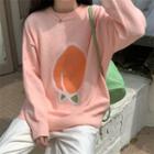 Round-neck Peach Pattern Long-sleeve Sweater Pink - One Size