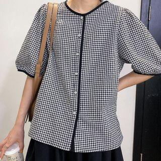 Puff-sleeve Button-up Gingham Blouse Black - One Size