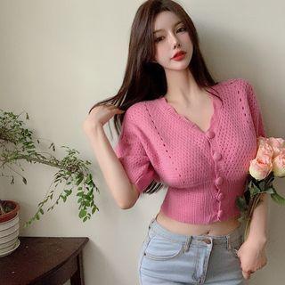 Short-sleeve V-neck Plain Cut-out Top