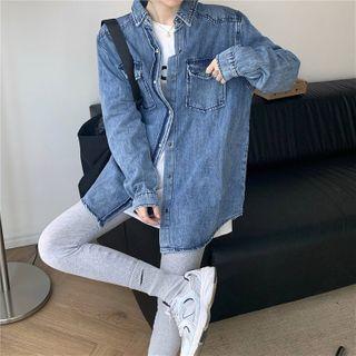 Washed Long-sleeve Loose-fit Denim Shirt Blue - One Size