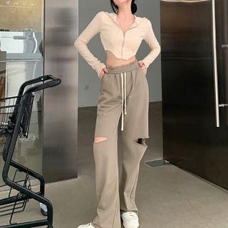 Zip Up Hoodie / Distressed Wide-leg Pants