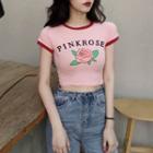 Short-sleeve Printed Rose Contrast Trim Cropped T-shirt As Shown In Figure - One Size