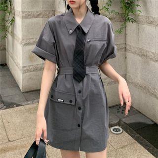 Set: Short-sleeve Shirtdress + Neck Tie Gray - One Size