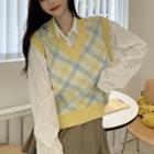 Color Block Plaid Knit Vest As Shown In Figure - One Size