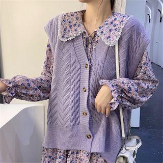 Floral Midi A-line Dress / Button-up Sweater Vest
