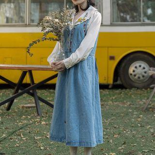 Set: Flower Embroidered Blouse + Denim Midi Pinafore Dress