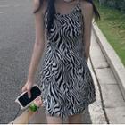 Spaghetti Strap Zebra Print Mini Dress Black & White - One Size