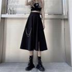 Chain-accent Slit Midi A-line Skirt
