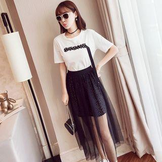 Set: Short-sleeve T-shirt + Sheer Panel Midi Skirt