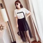 Set: Short-sleeve T-shirt + Sheer Panel Midi Skirt