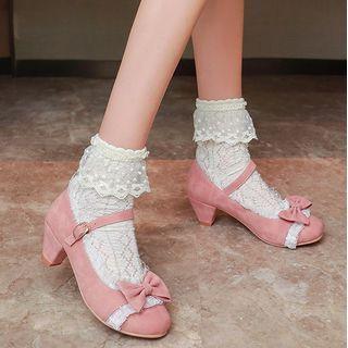 Lace Trim Bow Block Heel Mary Jane Pumps