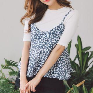 Set: Spaghetti-strap Floral Print Top + Elbow-sleeve Slim-fit T-shirt