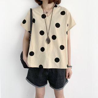 Short-sleeve V-neck Dotted T-shirt Almond - One Size