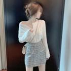Pointelle Knit Cardigan / Tweed Mini Pencil Skirt