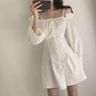 Long-sleeve Cold Shoulder Frill Trim Buttoned A-line Mini Dress