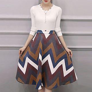 Set: Knit Pullover + Striped A-line Midi Skirt